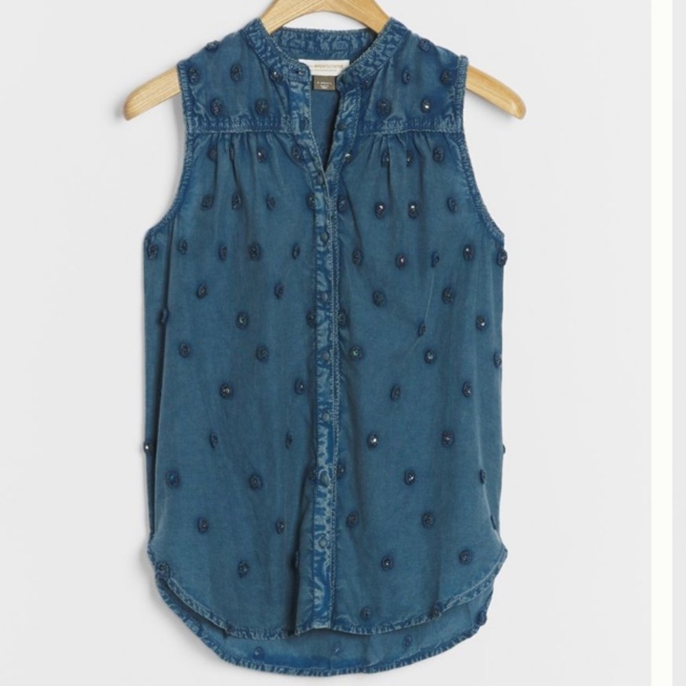 PILCRO Button Down ADIRA Blouse, TEXTURED BLUE BUTTON SLEEVELESS BLOUSE NEW